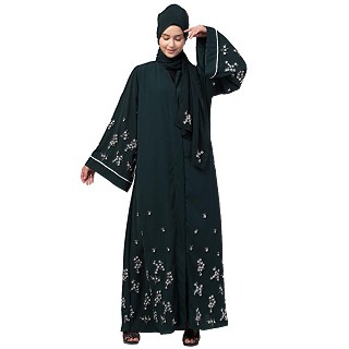 Premium Front open abaya with full Zari embroidery work- Green